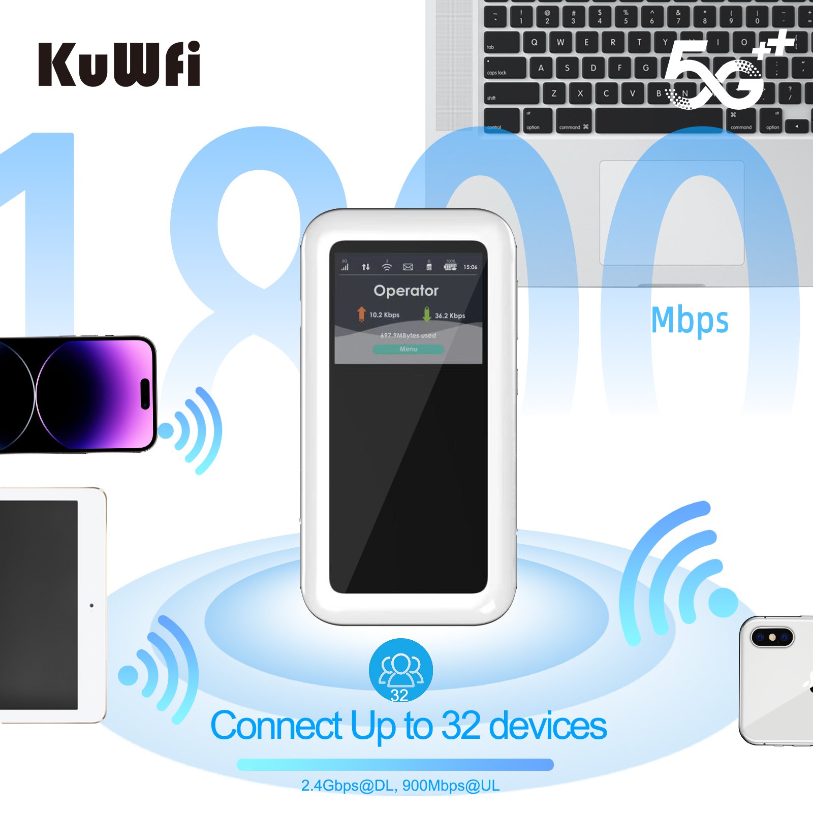 KuWFi M46-e AX1800 5G E-Sim Portable Router 1800 Mbps Speed High Performance Mobile 4500 Mah Battery 5G Mini Wifi Router